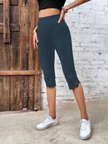 SHEIN LUNE Quần tất nữ Cắt ra Sò điệp màu trơn Giải trí - Màu xanh ngọc - Xem 5