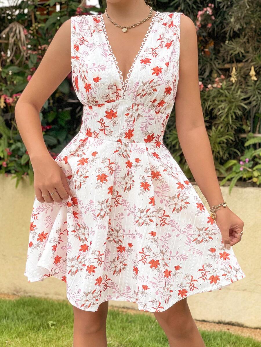 Breezaya Đầm Lộ Lưng Buộc lại Hoa Tất cả trên in Boho - Đỏ - Xem 1