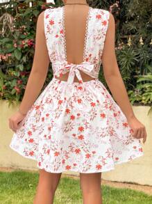 Breezaya Đầm Lộ Lưng Buộc lại Hoa Tất cả trên in Boho - Đỏ - Xem 2