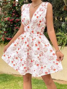 Breezaya Đầm Lộ Lưng Buộc lại Hoa Tất cả trên in Boho - Đỏ - Xem 3