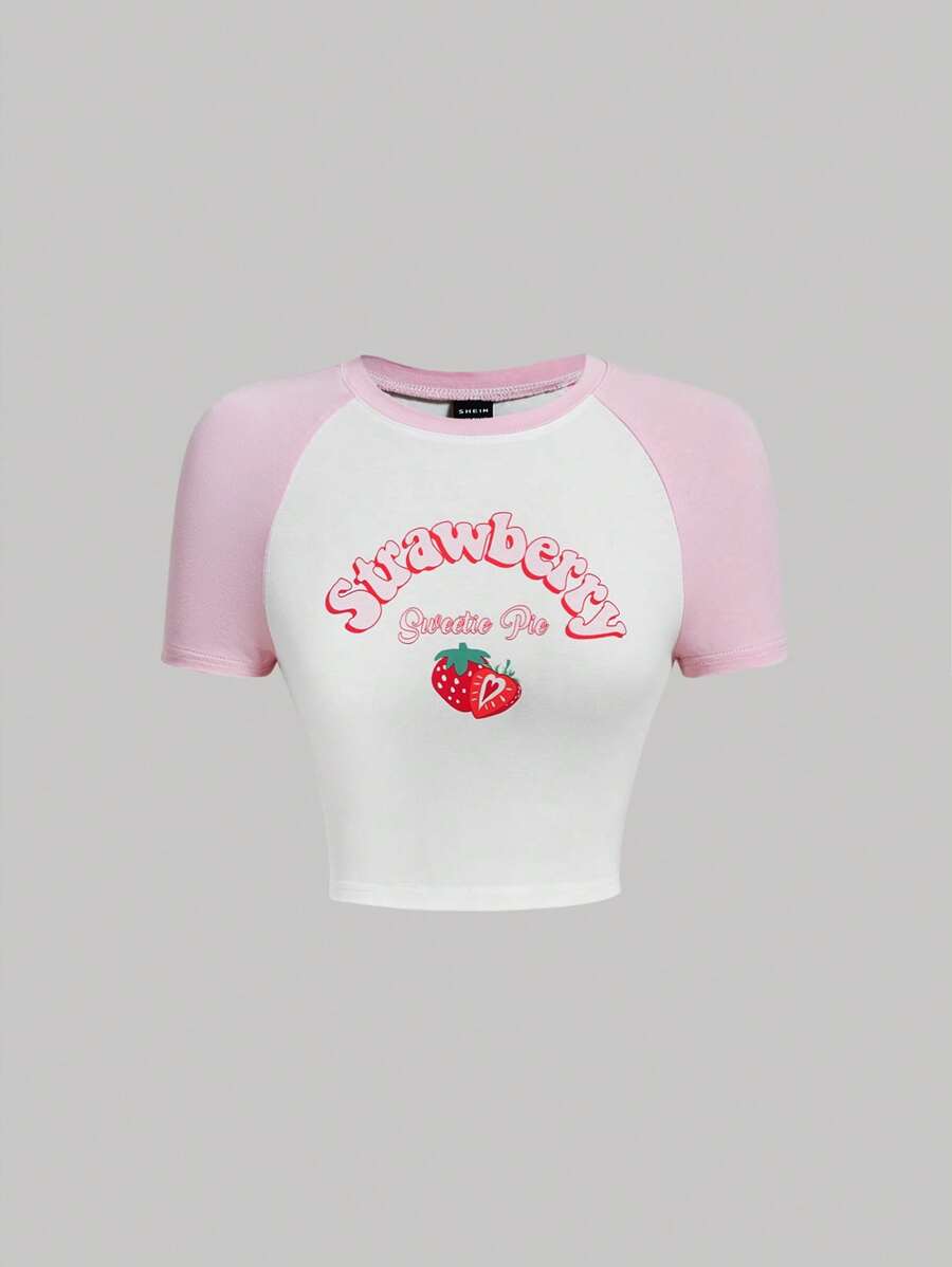 SHEIN MOD Slogan & Strawberry Print Raglan Sleeve Crop Tee Strawberry Sweetie Pie - White - View 1