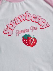 SHEIN MOD Slogan & Strawberry Print Raglan Sleeve Crop Tee Strawberry Sweetie Pie - White - View 3