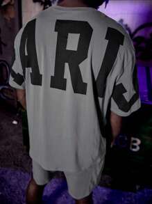 EASEVO Men Plus Cotton Letter Graphic Tee & Shorts - Grey - View 3