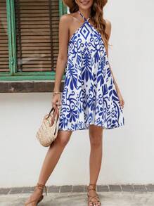 SHEIN VCAY 滿版印花後背繫帶掛脖連衣裙