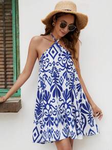 SHEIN VCAY 滿版印花後背繫帶掛脖連衣裙