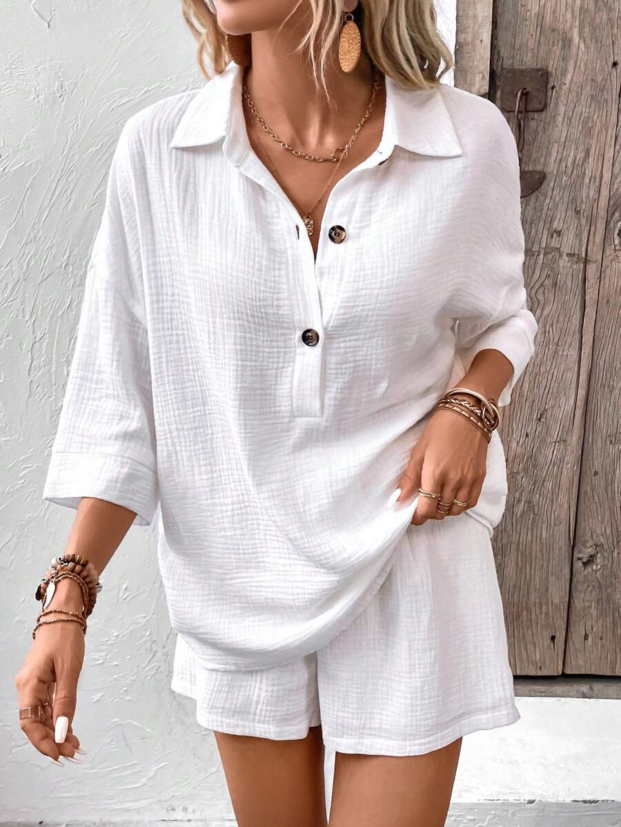 SHEIN Frenchy Half Button Drop Shoulder Shirt & Shorts Winter White Casual - White - View 1