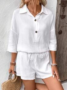 SHEIN Frenchy Half Button Drop Shoulder Shirt & Shorts Winter White Casual - White - View 3