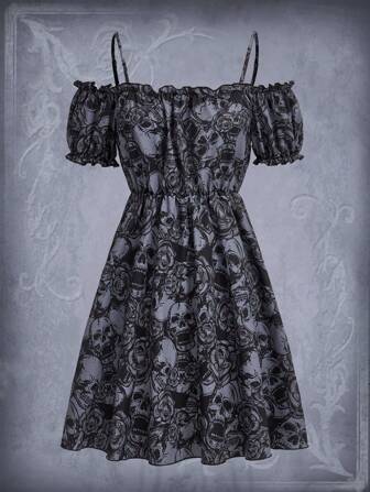 Goth Robe Imprimé Tête De Mort À Épaules Dénudées À Plis