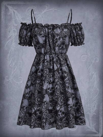 Goth Schulterfreies Kleid mit Rüschenbesatz und Totenkopf Aufdruck