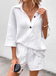 SHEIN Frenchy Half Button Drop Shoulder Shirt & Shorts Winter White Casual - White - View 4