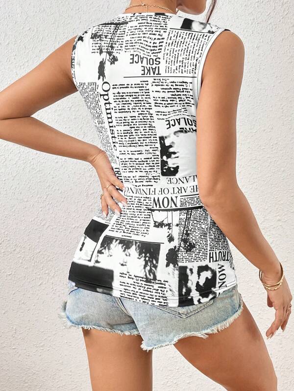SHEIN Essnce Newspaper Print Tank Top SHEIN USA