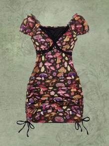 CourtneyGrabenShop Vestido con estampado con encaje en contraste con cordón fruncido - Multicolor - Ver 1