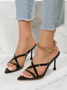 Women Criss Cross Crocodile Embossed Stiletto Heeled Mule Sandals, Elegant Summer Heeled Sandals