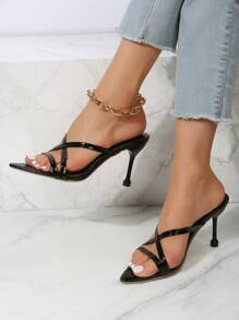 Women Criss Cross Crocodile Embossed Stiletto Heeled Mule Sandals, Elegant Summer Heeled Sandals