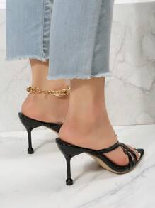 Women Criss Cross Crocodile Embossed Stiletto Heeled Mule Sandals, Elegant Summer Heeled Sandals