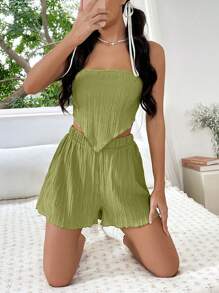 SHEIN EZwear 木耳邊頭巾下擺短款抹胸上衣和短褲 - 綠色 - 查看 3