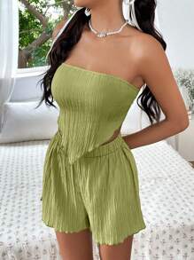 SHEIN EZwear 木耳邊頭巾下擺短款抹胸上衣和短褲 - 綠色 - 查看 4