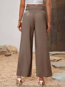 SHEIN LUNE 休閒打褶 紙袋褲腰純色女士長褲 - 摩卡棕 - 查看 2