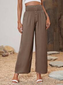 SHEIN LUNE 休閒打褶 紙袋褲腰純色女士長褲 - 摩卡棕 - 查看 3
