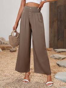 SHEIN LUNE 休閒打褶 紙袋褲腰純色女士長褲 - 摩卡棕 - 查看 4