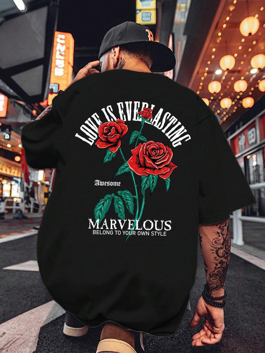 Manfinity VCAY Men Plus Cotton Floral & Slogan Graphic Tee - Black - View 1