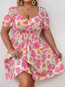 Dreamara 大碼印花雞心領口泡泡袖連衣裙 - 彩色 - 查看 5