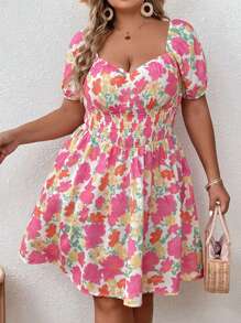 Dreamara 大碼印花雞心領口泡泡袖連衣裙 - 彩色 - 查看 2