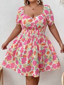 Dreamara 大碼印花雞心領口泡泡袖連衣裙 - 彩色 - 查看 7