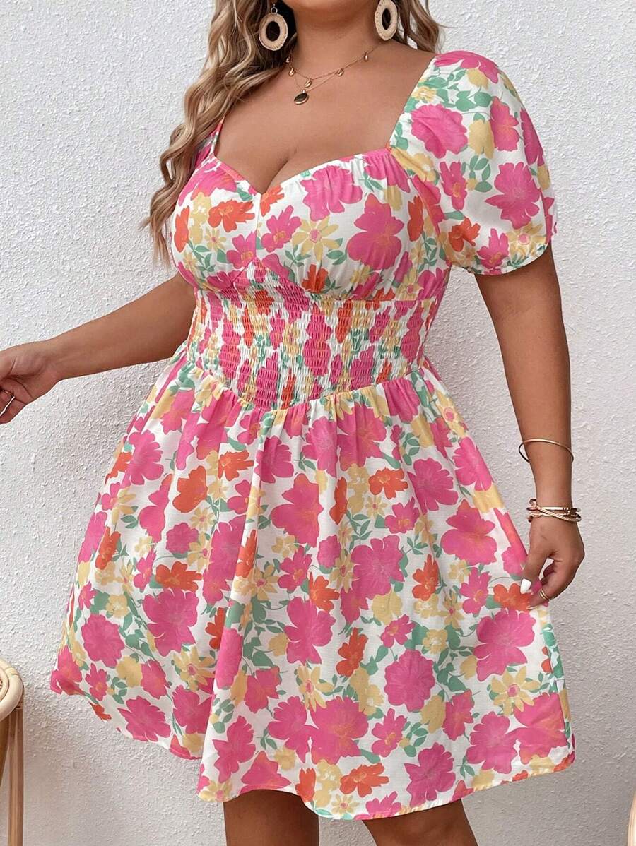 Dreamara 大碼印花雞心領口泡泡袖連衣裙 - 彩色 - 查看 1