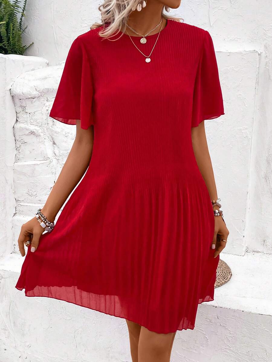 SHEIN Clasi Solid Pleated Hem Smock Dress - Red - View 1