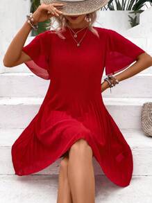 SHEIN Clasi Solid Pleated Hem Smock Dress - Red - View 3