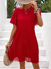 SHEIN Clasi Solid Pleated Hem Smock Dress - Red - View 6