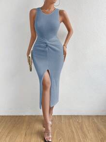 SHEIN Privé Twist Front Split Thigh Tank Dress - Dusty Blue - View 1