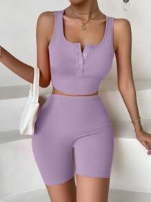 SHEIN Privé 半排扣短款背心和騎行褲 - 紫丁香色 - 查看 1