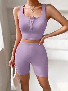 SHEIN Privé 半排扣短款背心和騎行褲 - 紫丁香色 - 查看 3