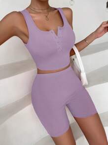SHEIN Privé 半排扣短款背心和騎行褲 - 紫丁香色 - 查看 4