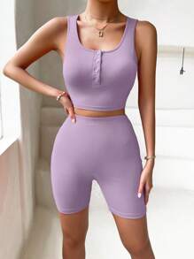 SHEIN Privé 半排扣短款背心和騎行褲 - 紫丁香色 - 查看 5