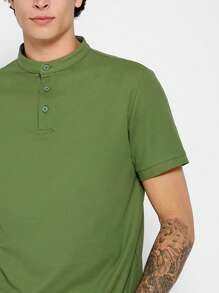 Manfinity NiteLyfe Men Solid Half Button Polo Shirt - Olive Green - View 4
