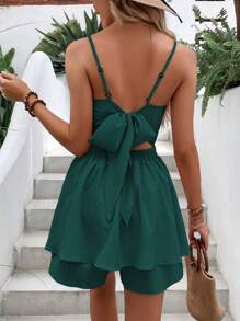 Breezaya Damskie Kombinezony Wycięte Kokardka z tyłu Rozwarstwiony Twist Prosty Seksowne - Ciemnozielony - Zobacz 3