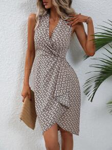 SHEIN Clasi Allover Print Twist Front Wrap Hem Dress - Khaki - View 1