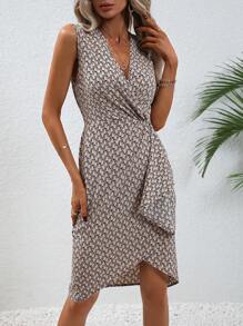 SHEIN Clasi Allover Print Twist Front Wrap Hem Dress - Khaki - View 4