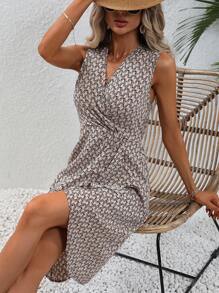 SHEIN Clasi Allover Print Twist Front Wrap Hem Dress - Khaki - View 5