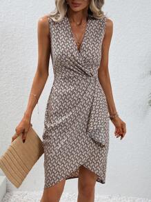 SHEIN Clasi Allover Print Twist Front Wrap Hem Dress - Khaki - View 6