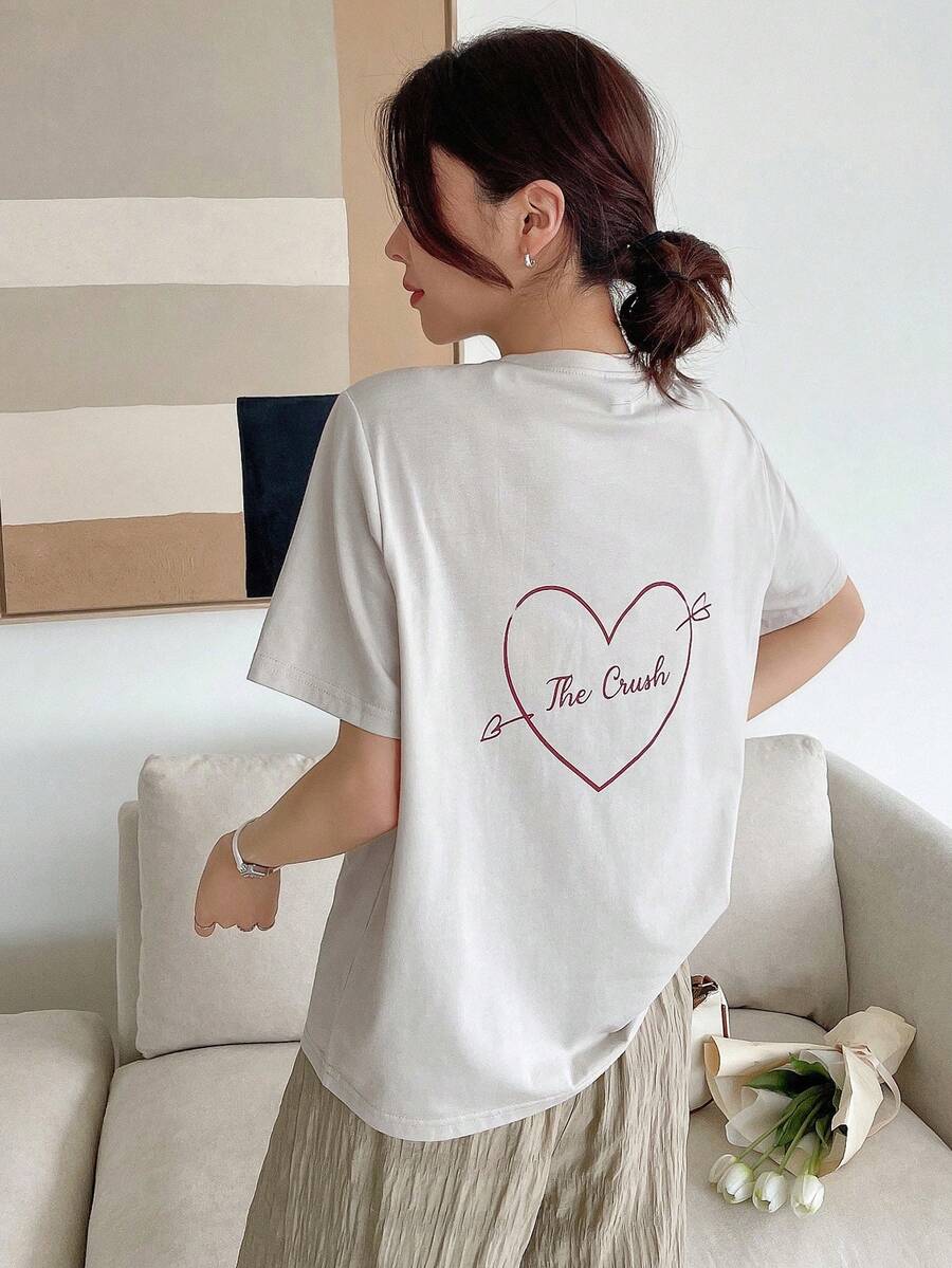 Dazy Designer Heart & Letter Graphic Tee - Khaki - View 1