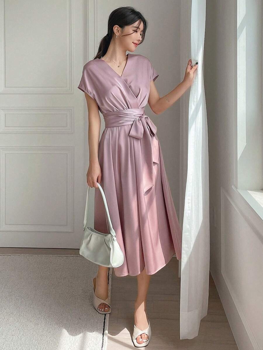 DAZY Solid Belted Wrap Detail Dress Sundress - Pink - View 1