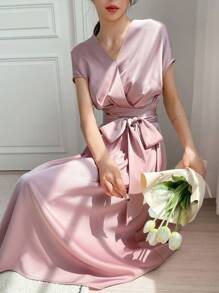 DAZY Solid Belted Wrap Detail Dress Sundress - Pink - View 4