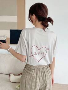 Dazy Designer Heart & Letter Graphic Tee - Khaki - View 6