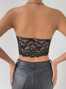 Allurite 露背短款蕾絲抹胸上衣 - 黑色 - 查看 2