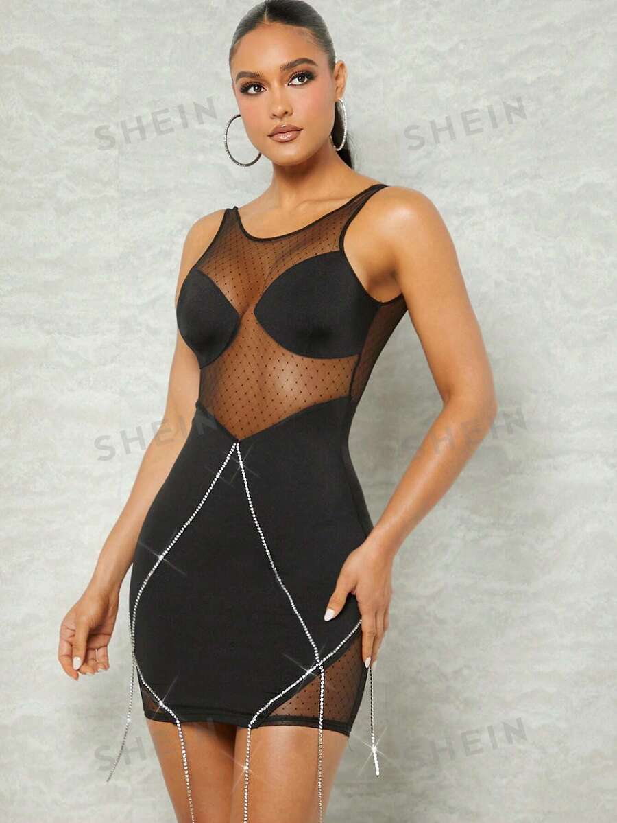 SHEIN Haute Vestido De Malla De Puntos Con Pedrería Estilo Bodycon - Negro - Ver 1