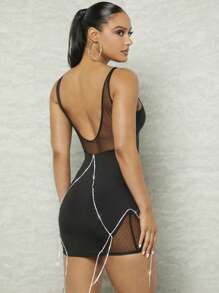 Hauture Dot Mesh Rhinestone Bodycon Dress - Black - View 2